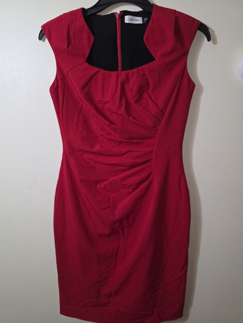 Calvin Klein Red Ruched Sheath Dress with Cap Shoulders